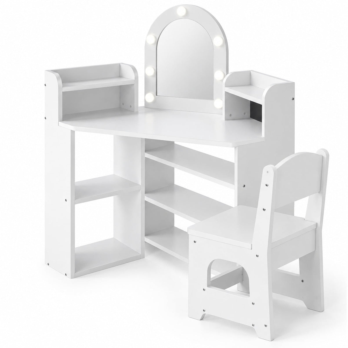 Airfind 2-In-1 Kids Vanity Set with Lights and Ring Slots for Toddlers 3+ Years Old, 45 lbs Capacity, MDF Non-woven Fabric Frame, White