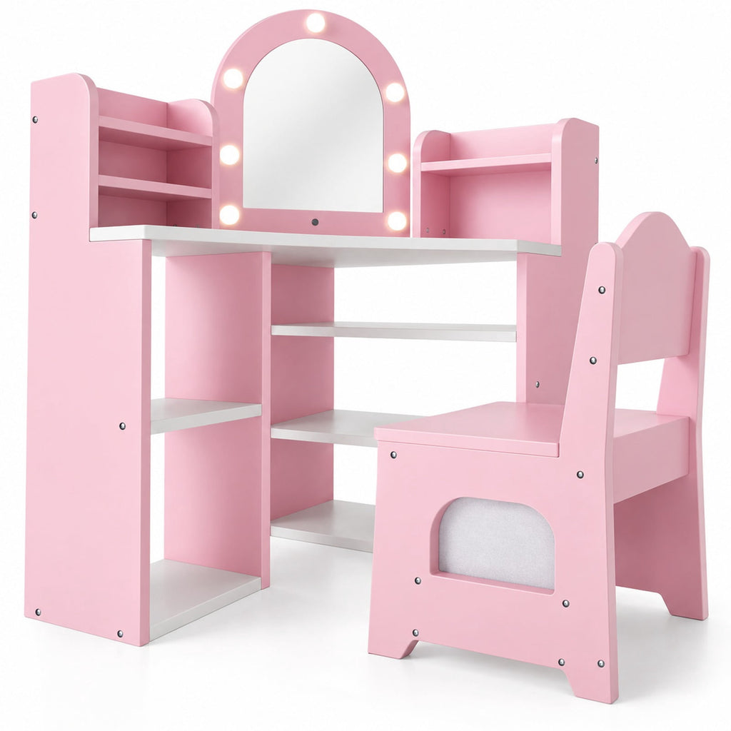 Airfind 2-In-1 Kids Vanity Set with Lights for Toddlers 3+ Years Old, 45 lbs Capacity, MDF Non-woven Fabric Frame, 37 x 24 x 39.5 Footprint, Pink
