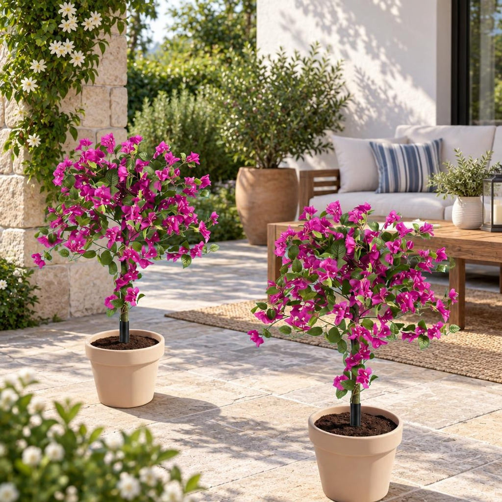 Airfind 2 Pack Artificial Bougainvillea Trees with Ground Spike and PE Trunks for Porch, Pink + Green