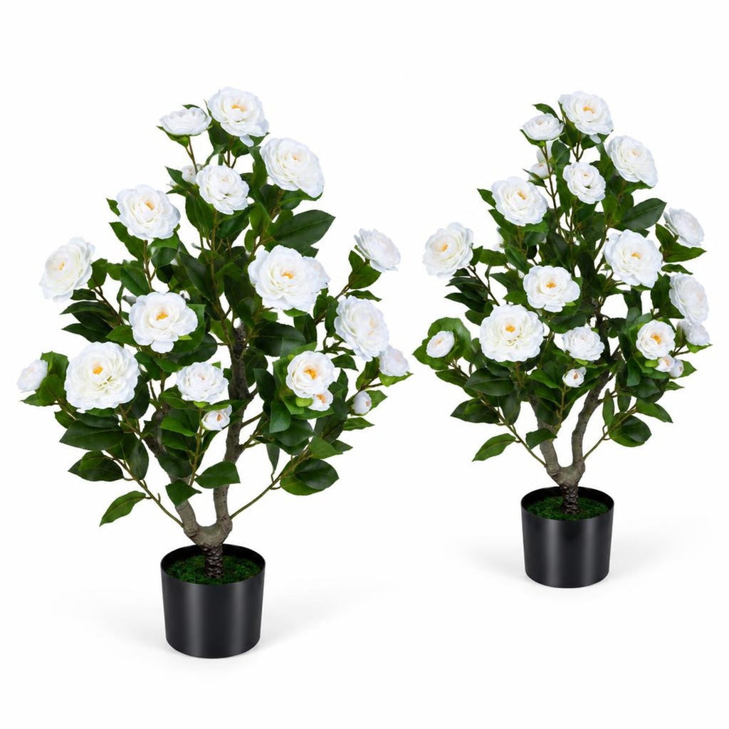 Airfind 2-Pack Artificial Camellia Tree Faux Flower Plant in Cement-Filled Pot, White, offers excellent stability and balance