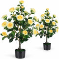 Airfind 2-Pack Artificial Camellia Tree Faux Flower Plant in Cement-Filled Pot, Yellow, offers excellent stability and balance