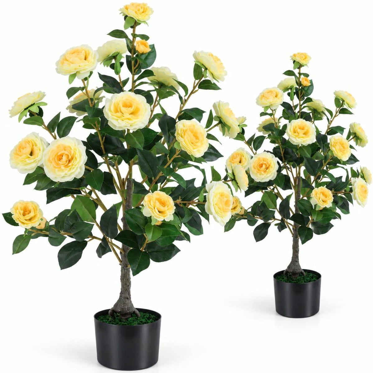 Airfind 2-Pack Artificial Camellia Tree Faux Flower Plant in Cement-Filled Pot, Yellow, offers excellent stability and balance