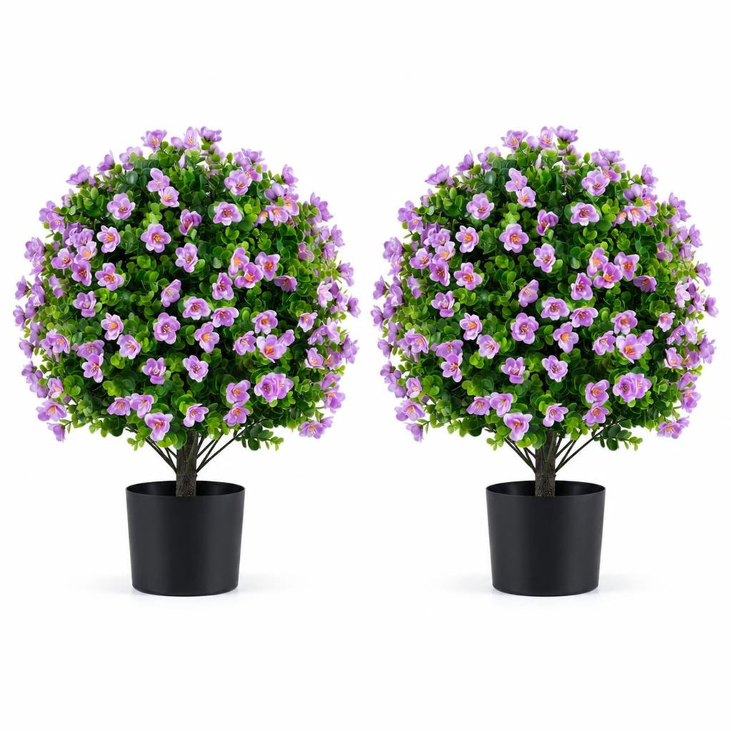 Airfind 2 Pack Artificial Eucalyptus Topiary Trees with Flowers and Cement Planter for Home, PE PP Cement Foam Frame, Purple