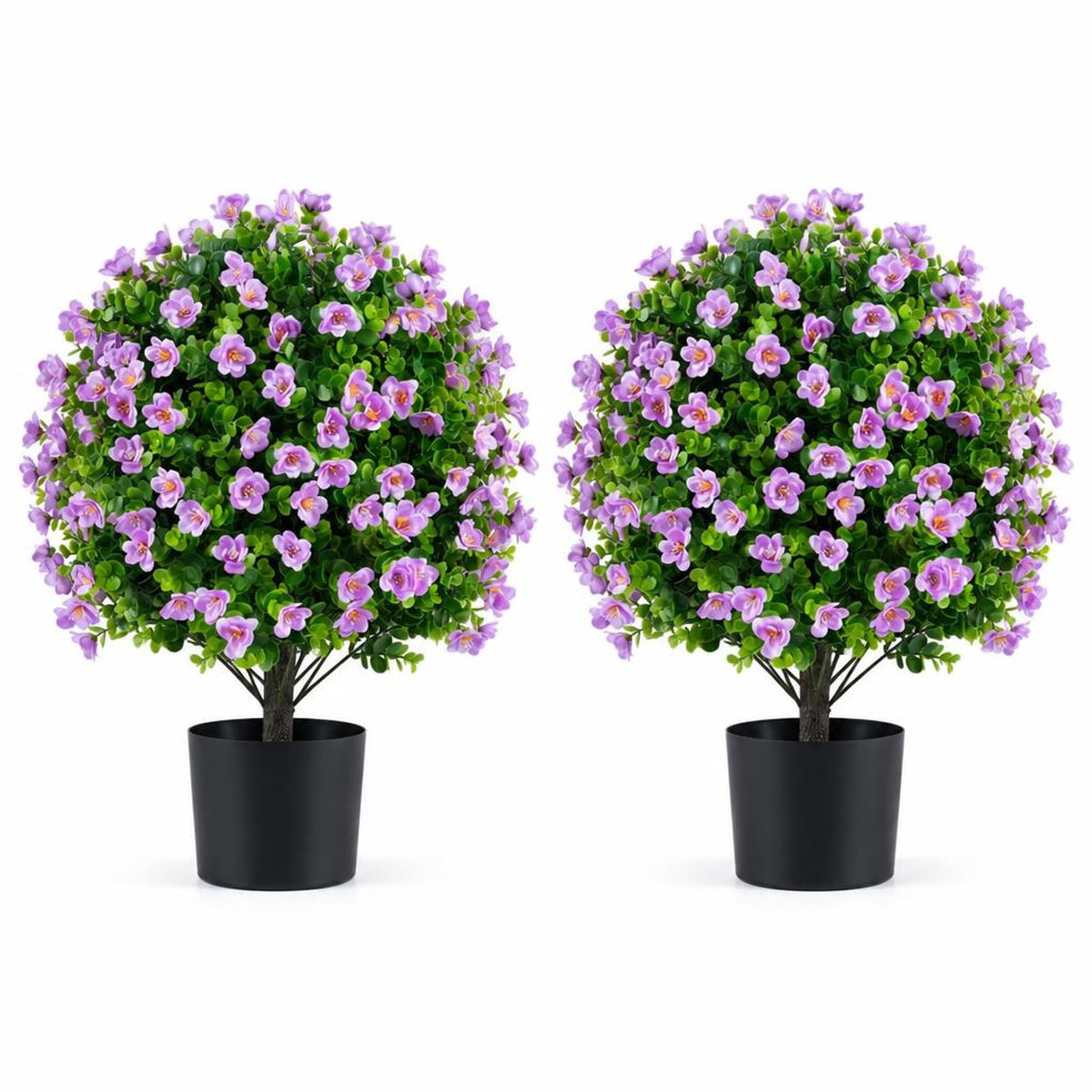 Airfind 2 Pack Artificial Eucalyptus Topiary Trees with Flowers and Cement Planter for Home, PE PP Cement Foam Frame, Purple