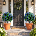 Airfind 2 Pack Artificial Flowering Boxwood Topiary Ball Trees 27.5 Inches Faux Floral Shrubs, PP PE Frame for Everyday Use, Green