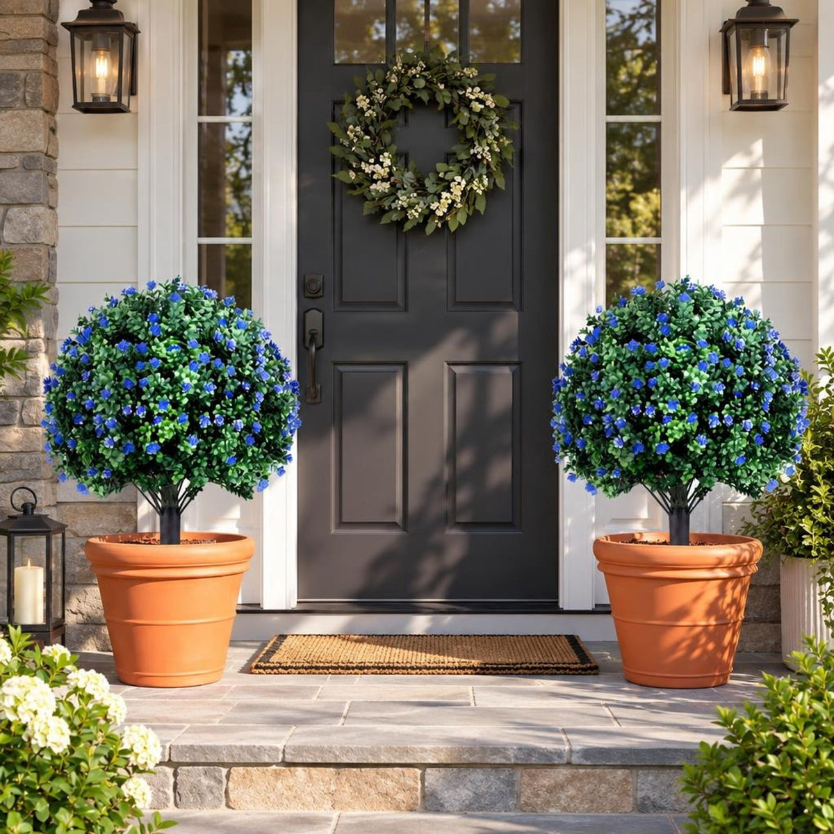 Airfind 2 Pack Artificial Flowering Boxwood Topiary Ball Trees 27.5 Inches Faux Floral Shrubs, PP PE Frame for Everyday Use, Green