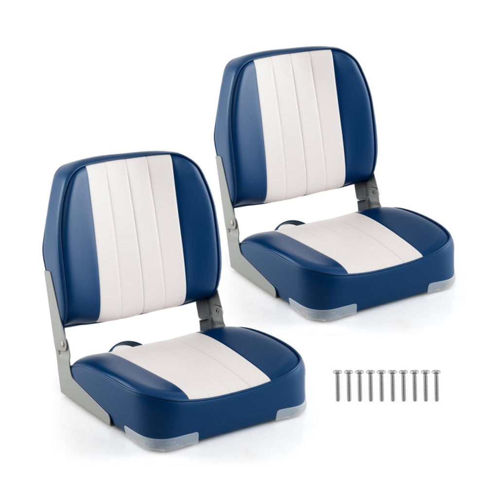 Airfind 2-Pack Folding Low-Back Boat Seats for Fishing Boat, Pontoon Runabout ¡ª Marine PVC Leather, Aluminum Hinges, 5 x 5 Bolt Pattern, 330 lb Rated (Blue White)
