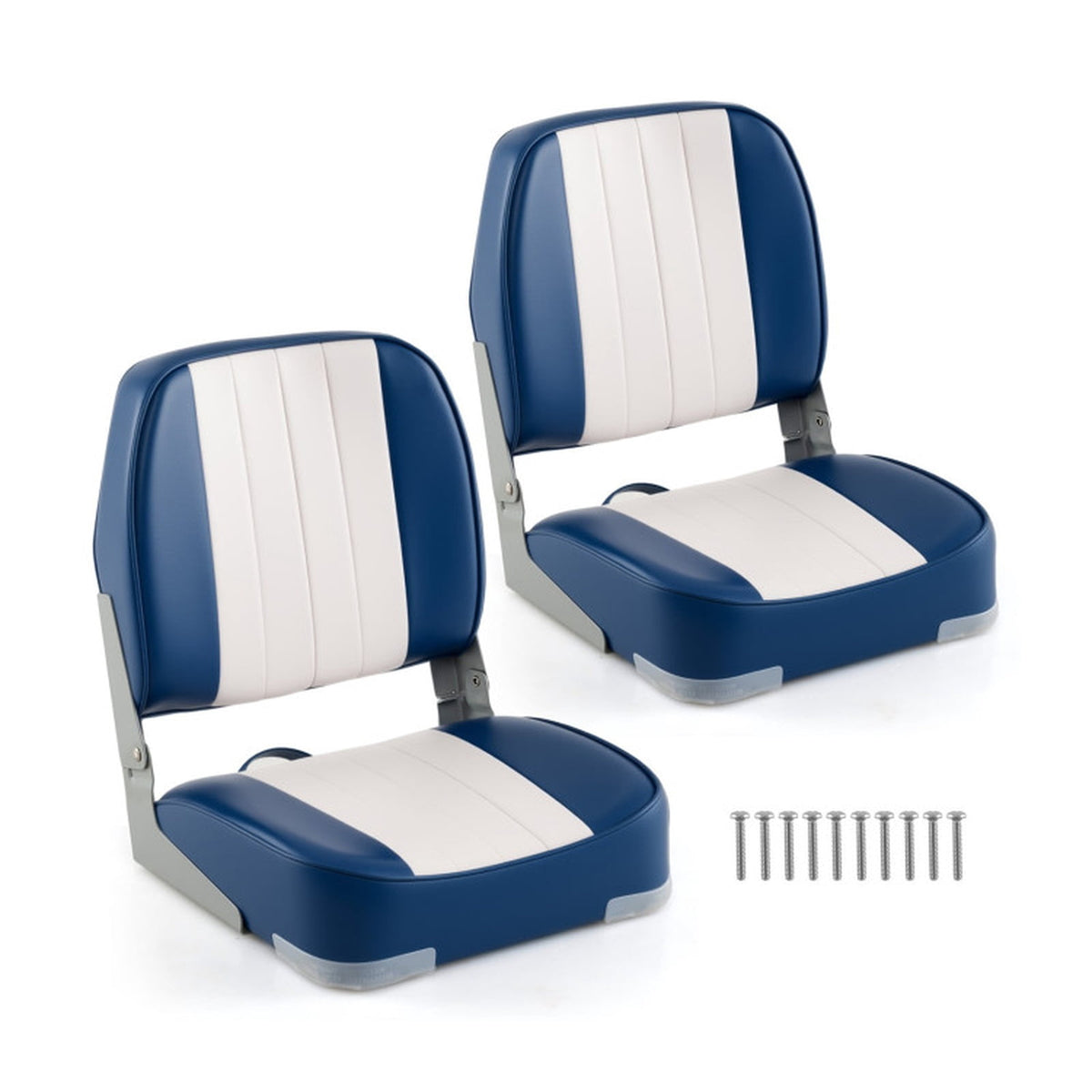Airfind 2-Pack Folding Low-Back Boat Seats for Fishing Boat, Pontoon Runabout ¡ª Marine PVC Leather, Aluminum Hinges, 5 x 5 Bolt Pattern, 330 lb Rated (Blue White)