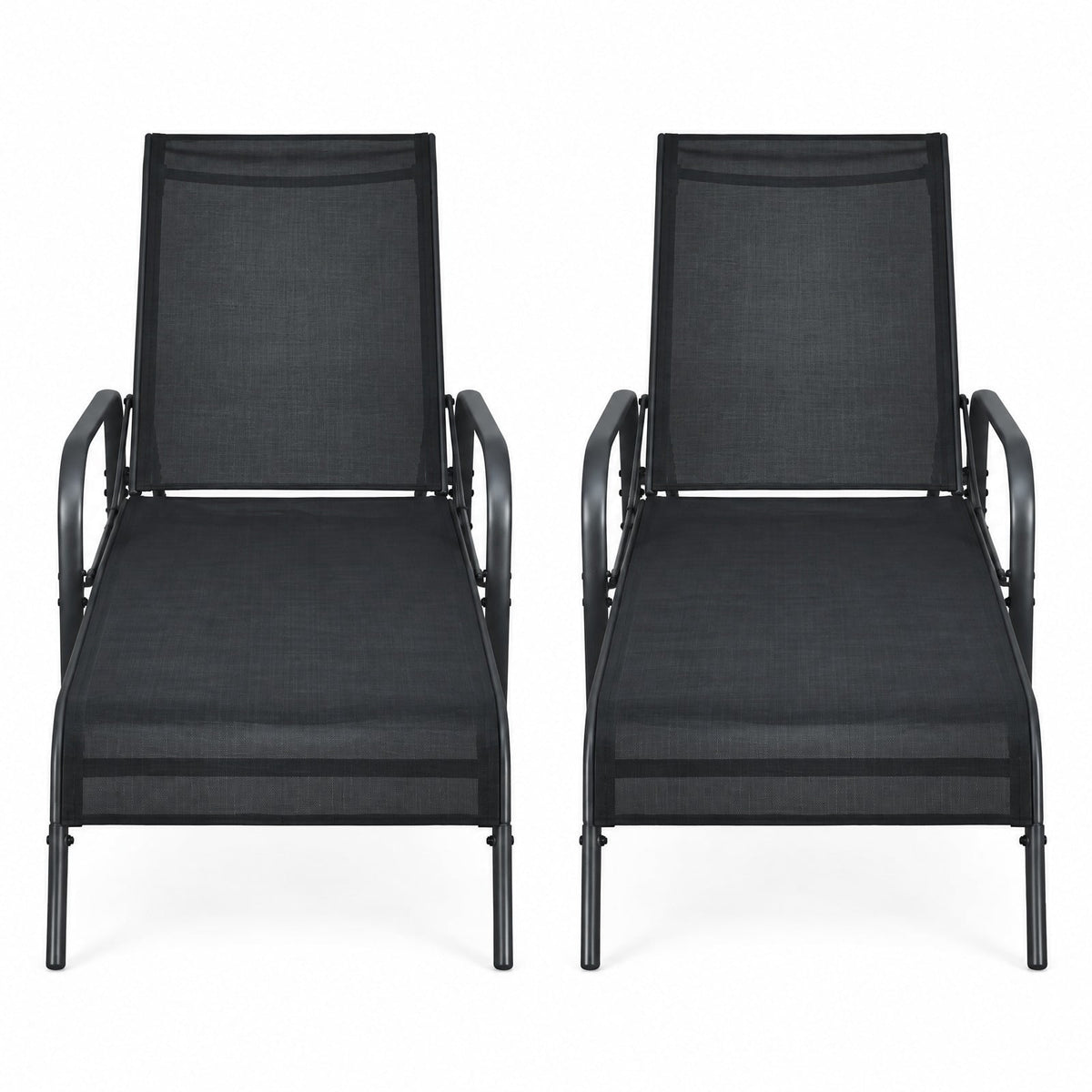 Airfind 2 Pcs Outdoor Patio Lounge Chair Chaise Fabric with Adjustable Reclining Armrest, Fabric Steel Horizontal Frame, Black