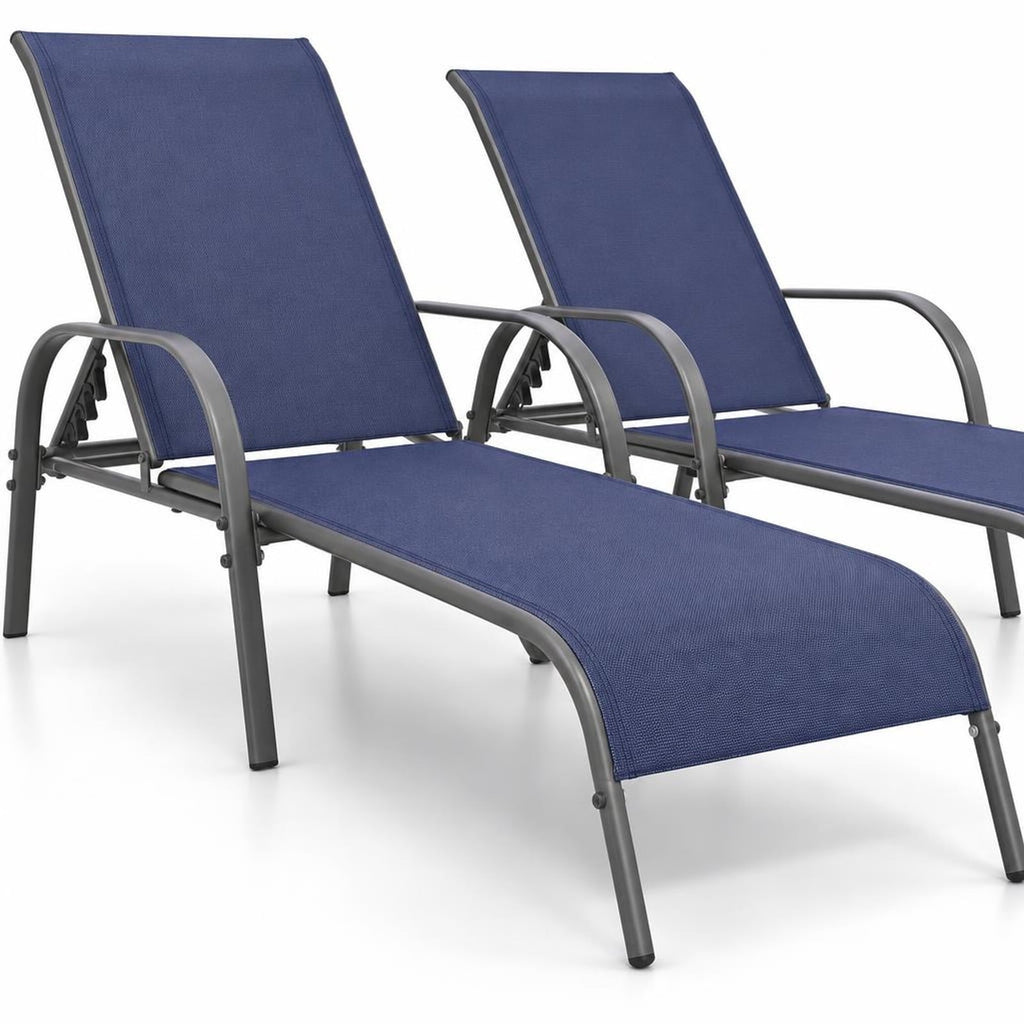 Airfind 2 Pcs Outdoor Patio Lounge Chair Chaise Fabric with Adjustable Reclining Armrest, Fabric Steel Horizontal Frame, Navy