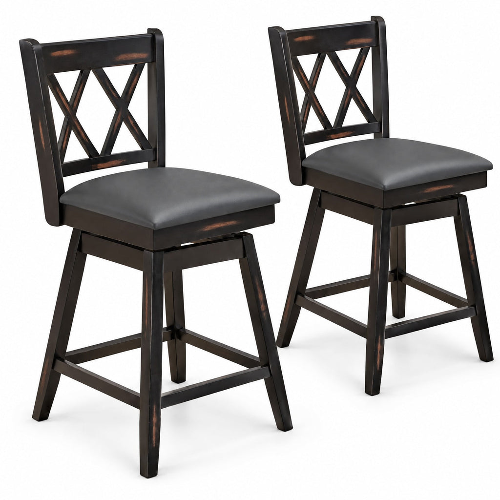 Airfind 2 Pieces 24 Inch Swivel Counter Height Barstool Set with Rubber Wood Legs, 264 lbs Capacity, PVC High density sponge rubber wood Frame