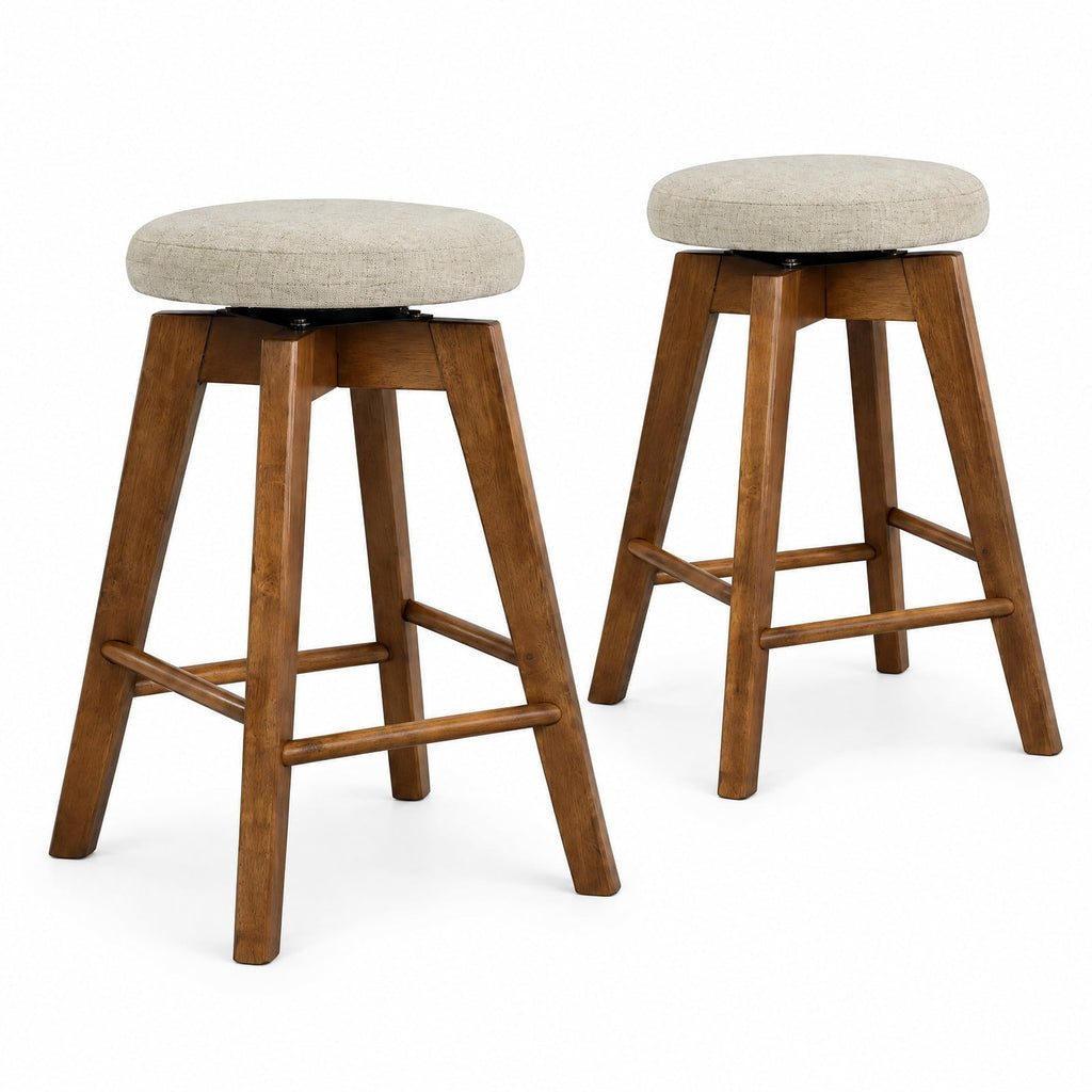 Airfind 2 Pieces 26 Inch Backless Swivel Barstools with Linen Fabric Seat, 330 lbs Capacity, Linen Fabric Sponge Rubber Wood Metal Frame, Beige