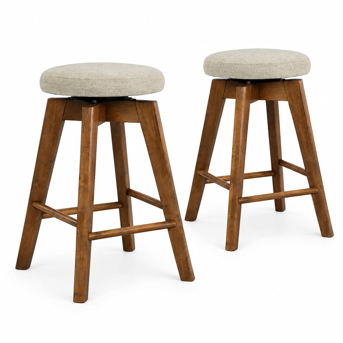 Airfind 2 Pieces 26 Inch Backless Swivel Barstools with Linen Fabric Seat, 330 lbs Capacity, Linen Fabric Sponge Rubber Wood Metal Frame, Beige
