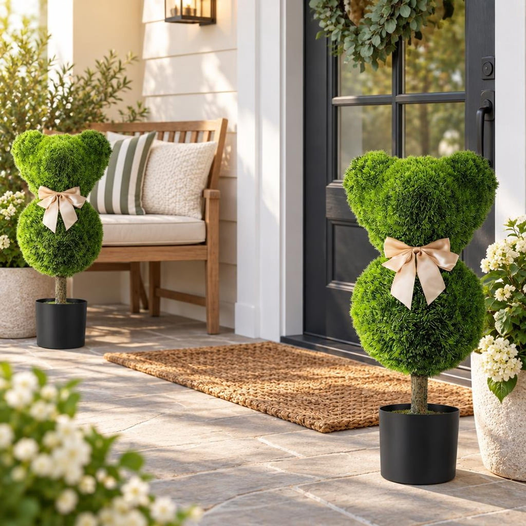 Airfind 2 Pieces Bear Topiary Trees with Pots Sun-resistant Bear, PE PP Cement Frame, 10 Inch x 9 Inch x 24.5 Inch Pot Footprint, Green + Golden