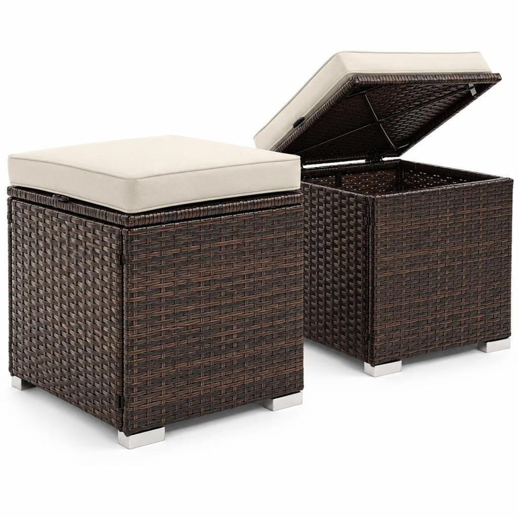 Airfind 2 Pieces Patio Ottoman with Removable Cushions, 350 lbs Capacity, Metal PE Rattan Sponge Polyester Frame, 16 x 16 x 15.5 Footprint, Brown