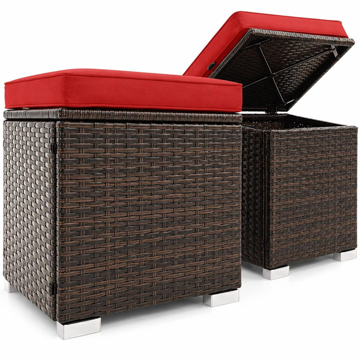 Airfind 2 Pieces Patio Ottoman with Removable Cushions, 350 lbs Capacity, Metal PE Rattan Sponge Polyester Frame, 16 x 16 x 15.5 Footprint, Red