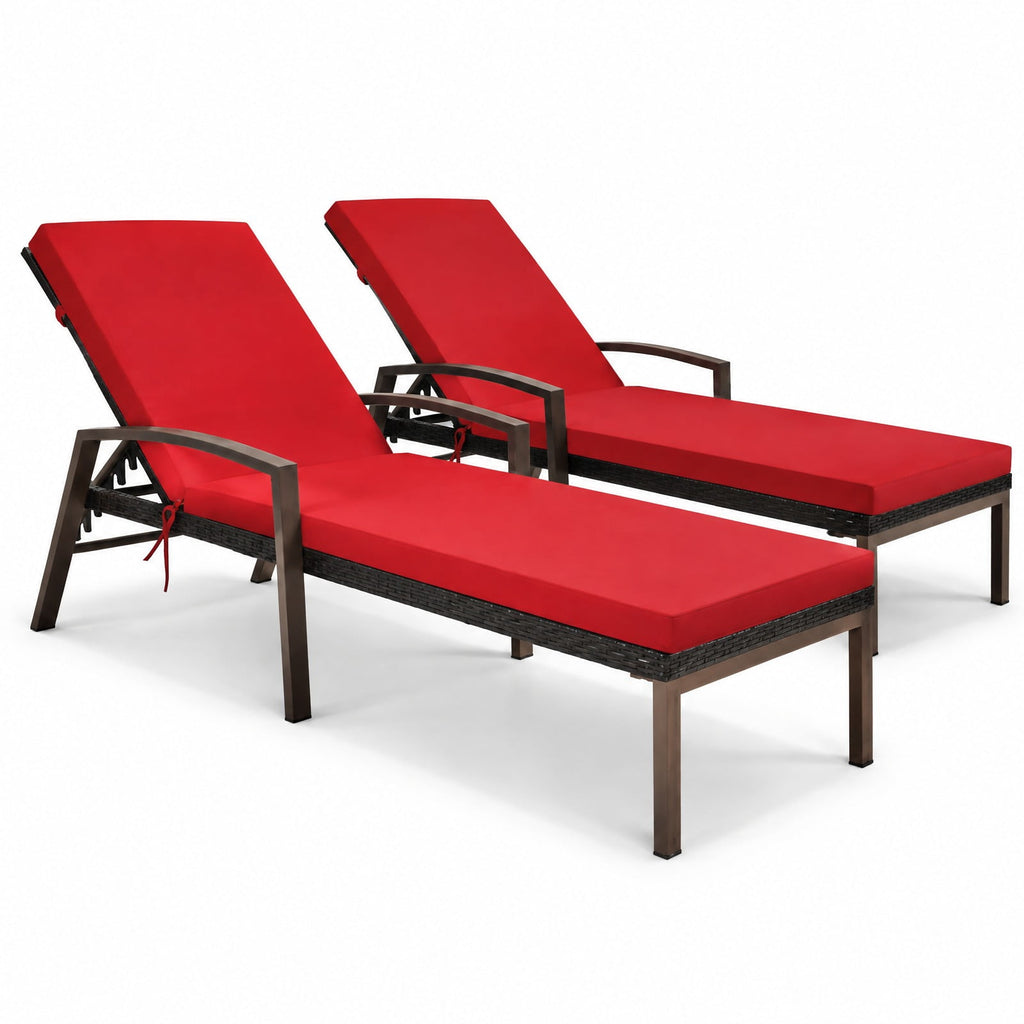 Airfind 2 Pieces Patio Rattan Adjustable Back Lounge Chair with Armrest and Removable Cushions, 400 lbs Capacity, Steel Rattan Frame, Red