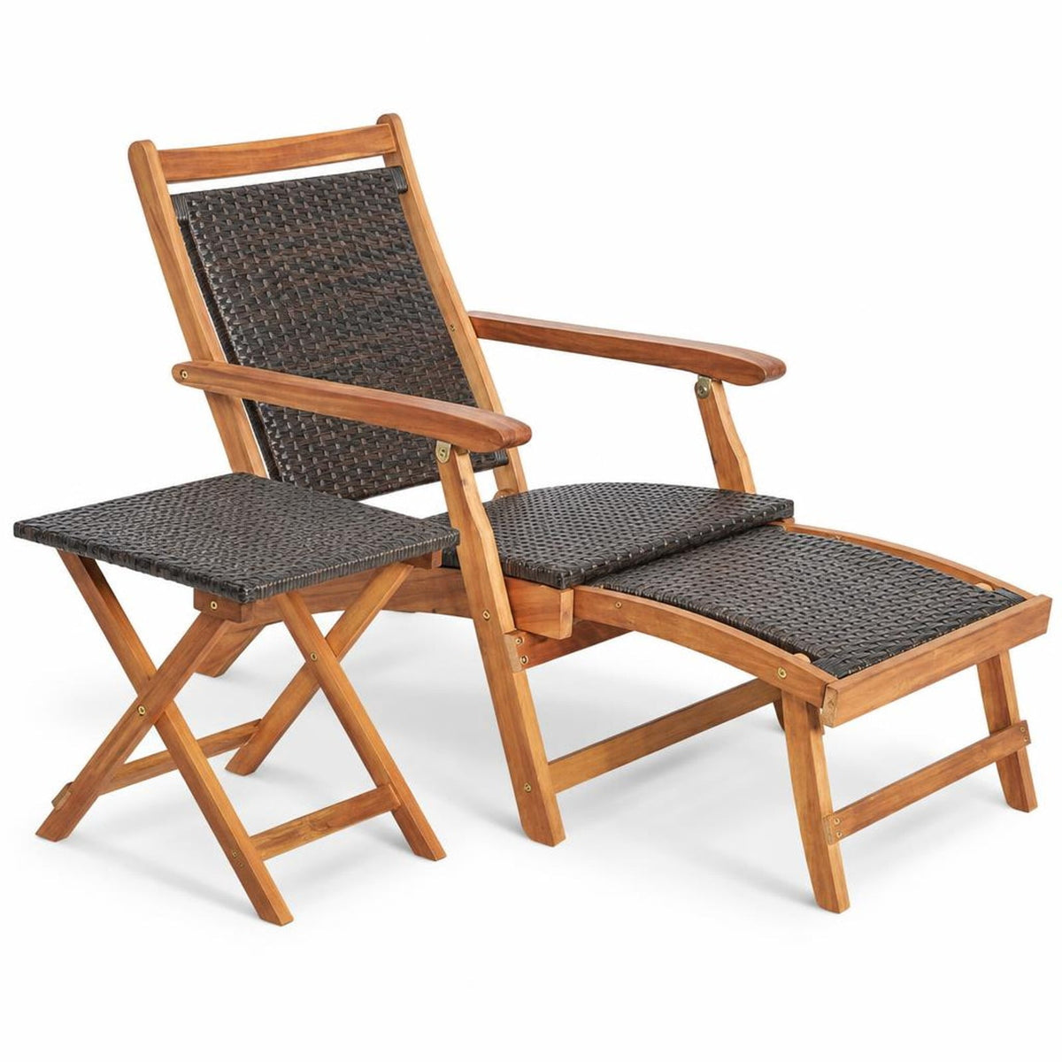 Airfind 2 Pieces Patio Rattan Folding Lounge Chair with Acacia Wood Table, Acacia Wood PE Rattan Steel Frame, 18 x 18 x 18 inch Footprint, Wood