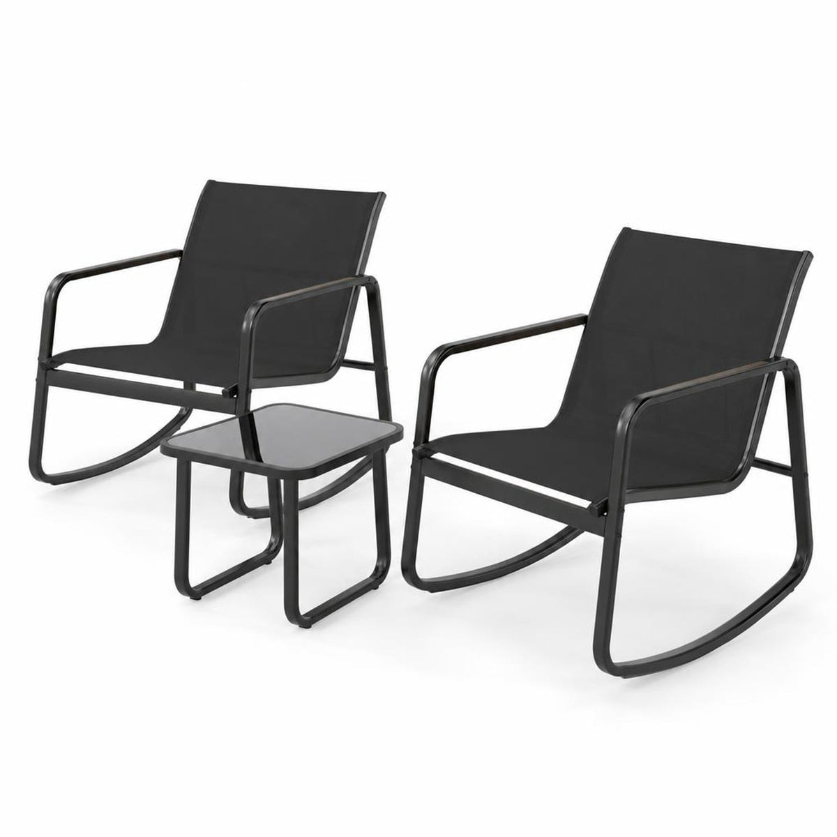Airfind 2 Rocking Bistro Chairs and Glass-Top Table for Porch Yard Balcony, 330 lbs Capacity, Metal Fabric Tempered Glass Frame, Black