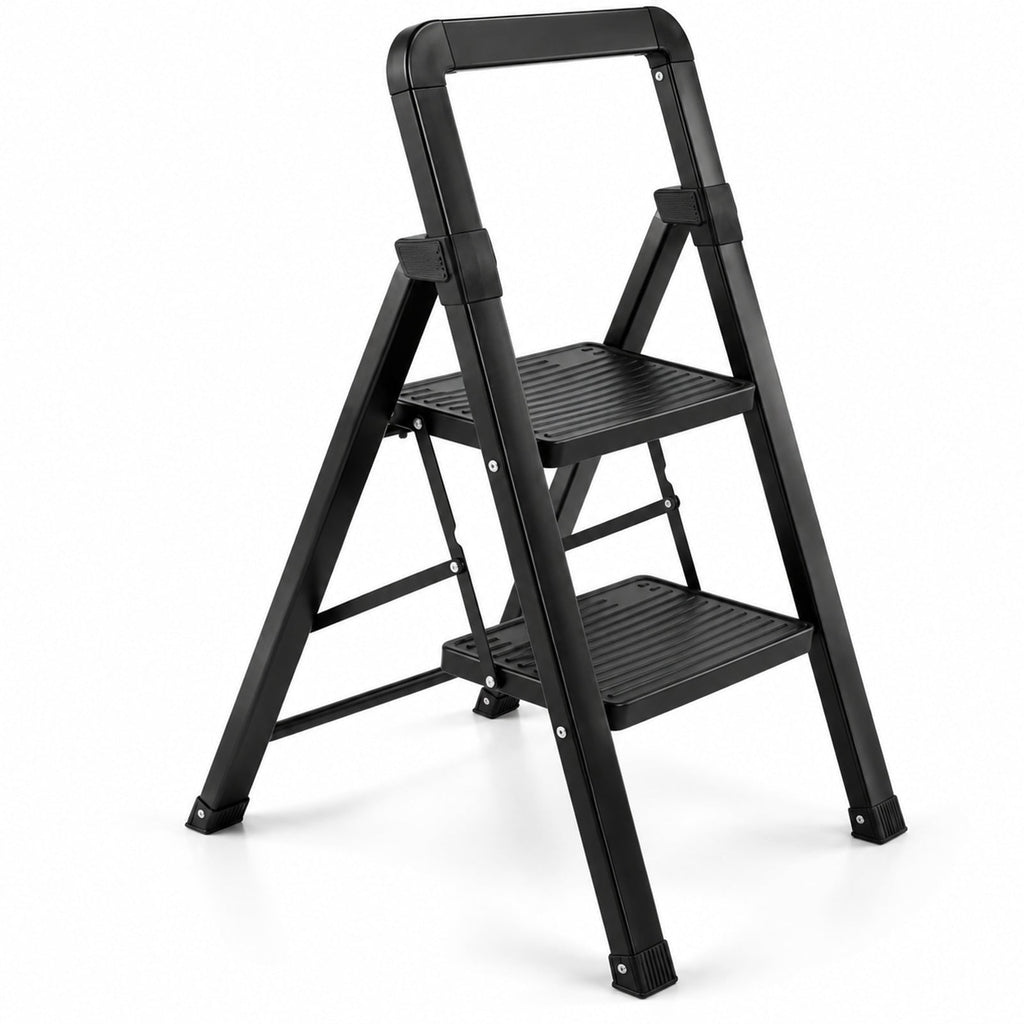 Airfind 2 Step Black Folding Step Stool with Wide Anti, 330 lbs Capacity, Metal PE Frame, Black, Overall Dimensions 2-Step 16.5 x 20 x
