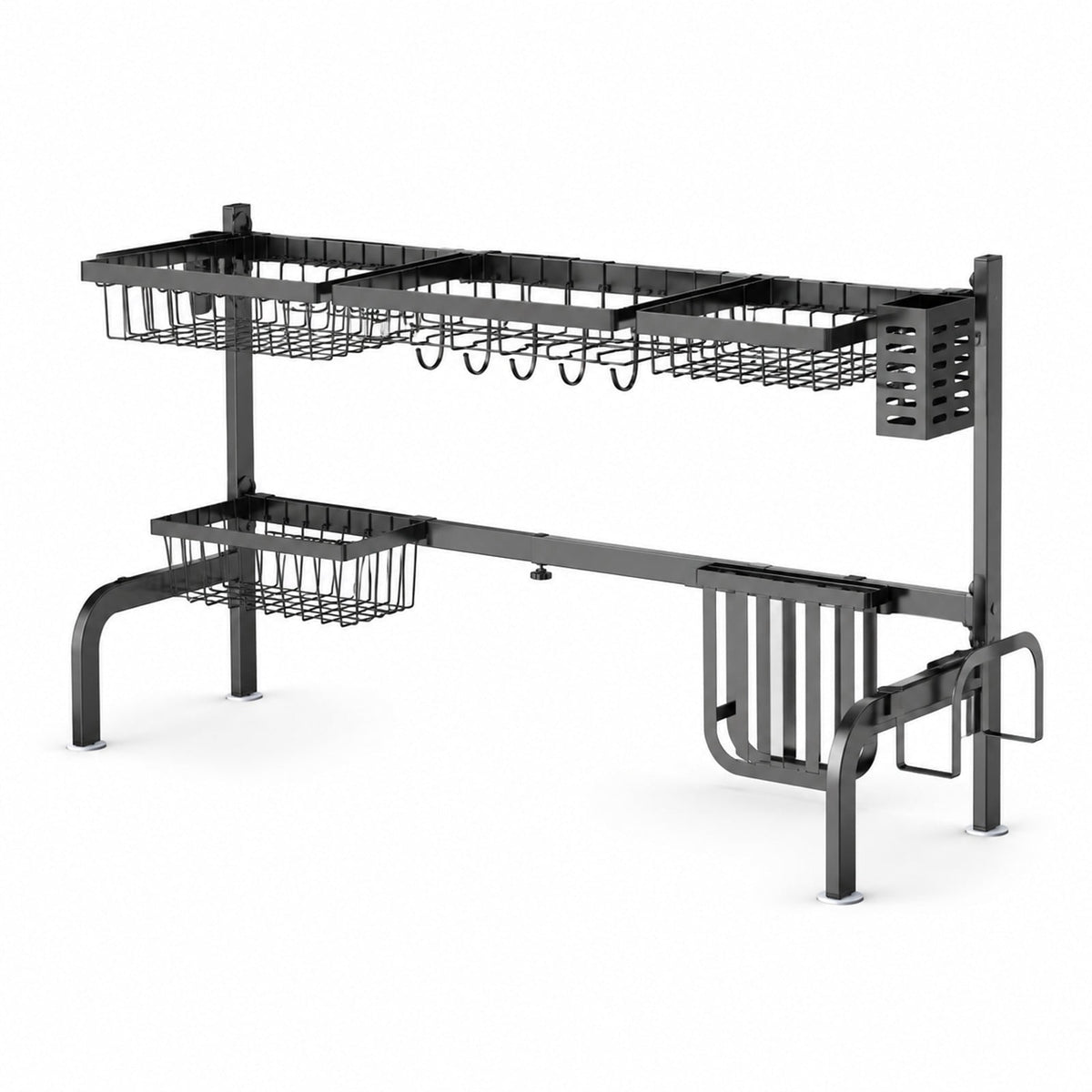 Airfind 2 Tier Adjustable Over Sink Dish Drying Rack with 8 Hooks, Steel Frame, Black, Overall dimension 21-39 x 12 x 21(L x