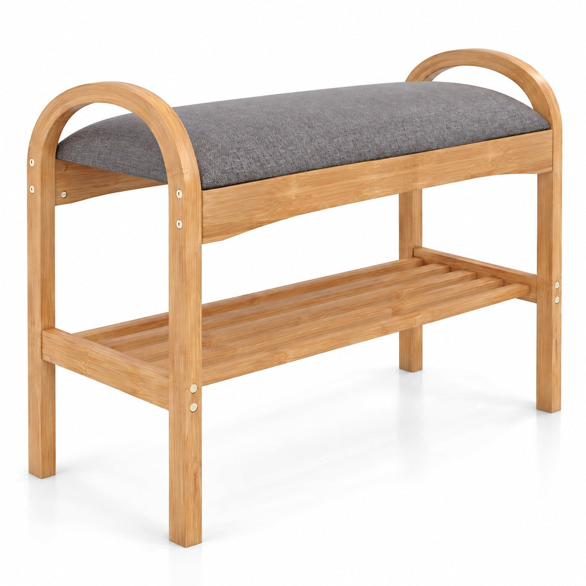 Airfind 2-Tier Bamboo Shoe Bench with Padded Cushion and Shelf, 330 lbs Capacity, Bamboo Polyester Fabric Sponge Frame, Gray