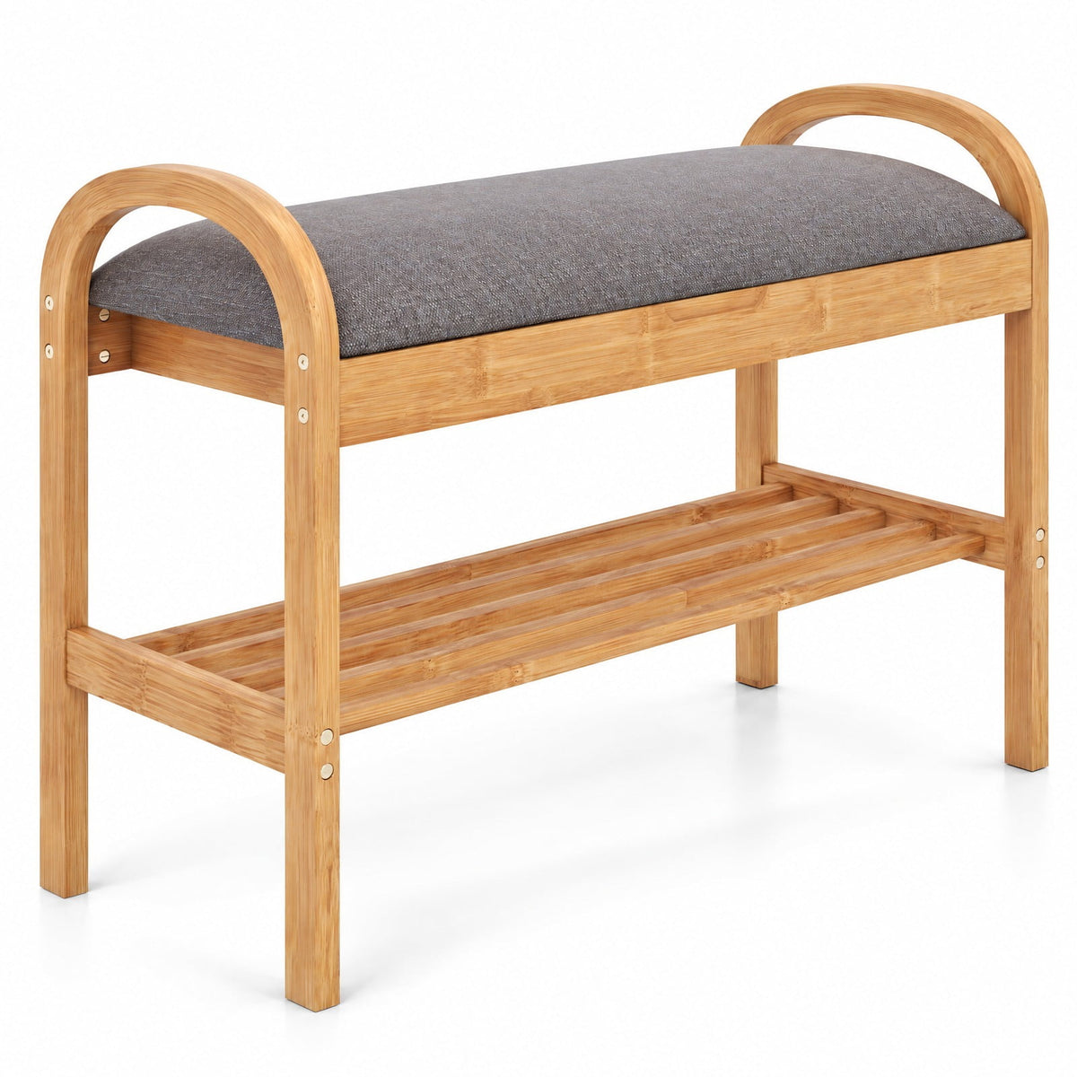 Airfind 2-Tier Bamboo Shoe Bench with Storage and Padded Cushion, 330 lbs Capacity, Bamboo Polyester Fabric Sponge Frame, Gray
