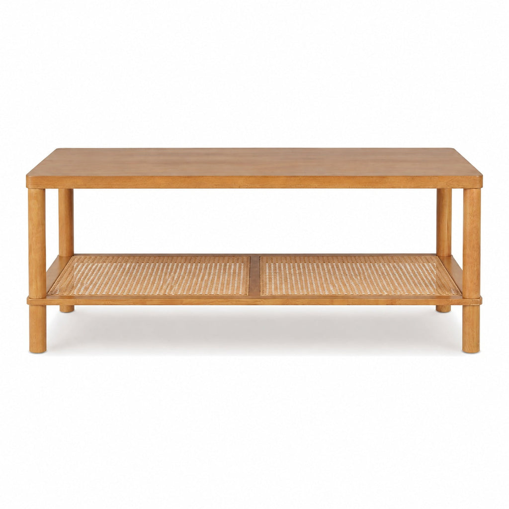 Airfind 2-Tier Boho Coffee Table for Living Room Rectangular Center Table with Rubber Wood Frame and PVC Rattan Storage Shelf, 185 lbs Capacity