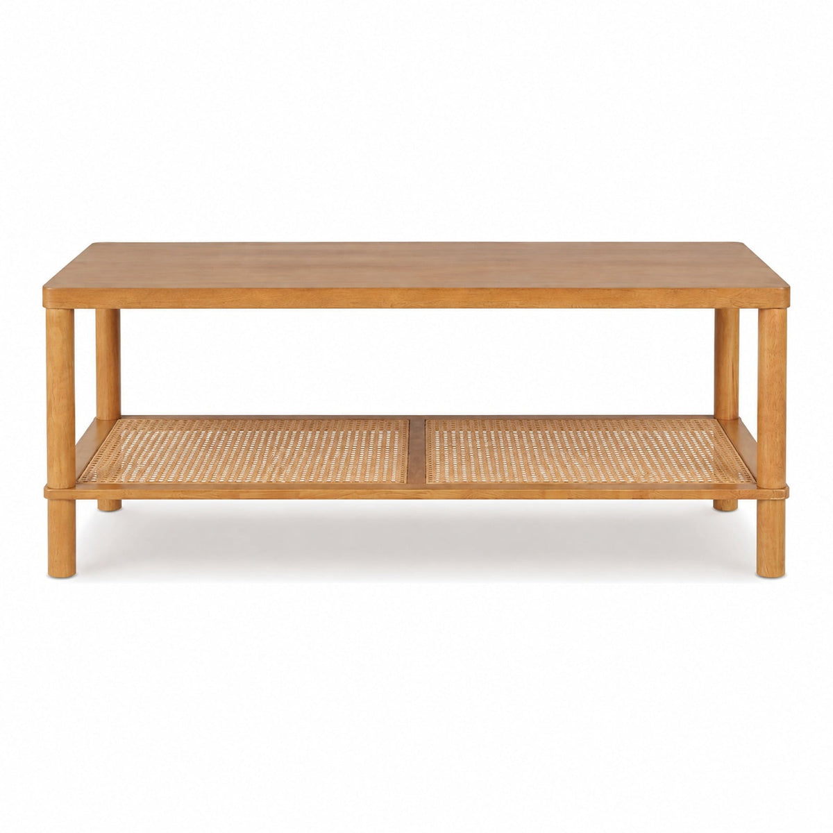 Airfind 2-Tier Boho Coffee Table for Living Room Rectangular Center Table with Rubber Wood Frame and PVC Rattan Storage Shelf, 185 lbs Capacity