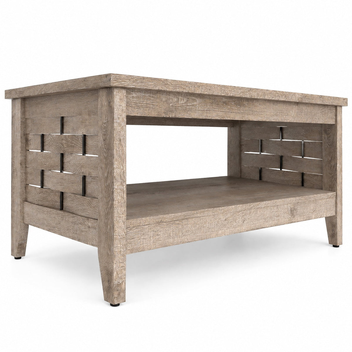 Airfind 2-Tier Farmhouse Coffee Table with Open Shelf and Woven Decorations for Living Room, 135 lbs Capacity, Engineered Wood MDF Frame, Coffee