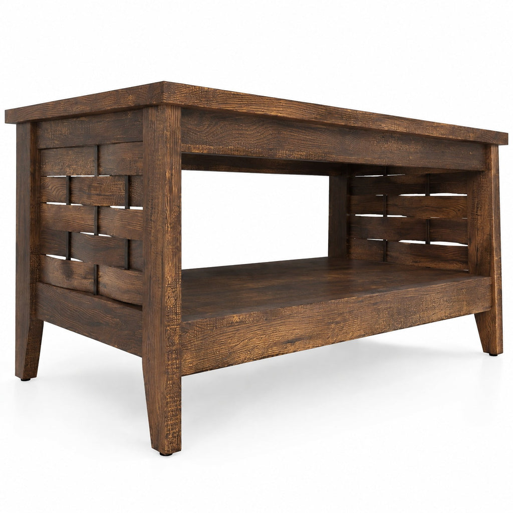 Airfind 2-Tier Farmhouse Coffee Table with Open Shelf and Woven Decorations for Living Room, 135 lbs Capacity, Engineered Wood MDF Frame, Coffee