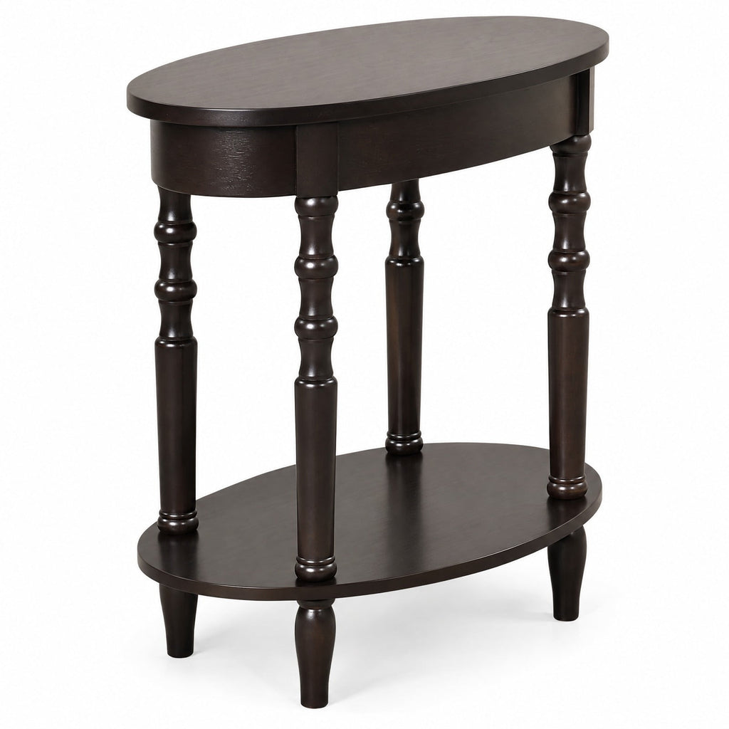 Airfind Side Table, 2-Tier Oval, with Storage Shelf and Solid Wood Legs, 245 lbs Capacity, MDF Rubber Wood Frame, Espresso
