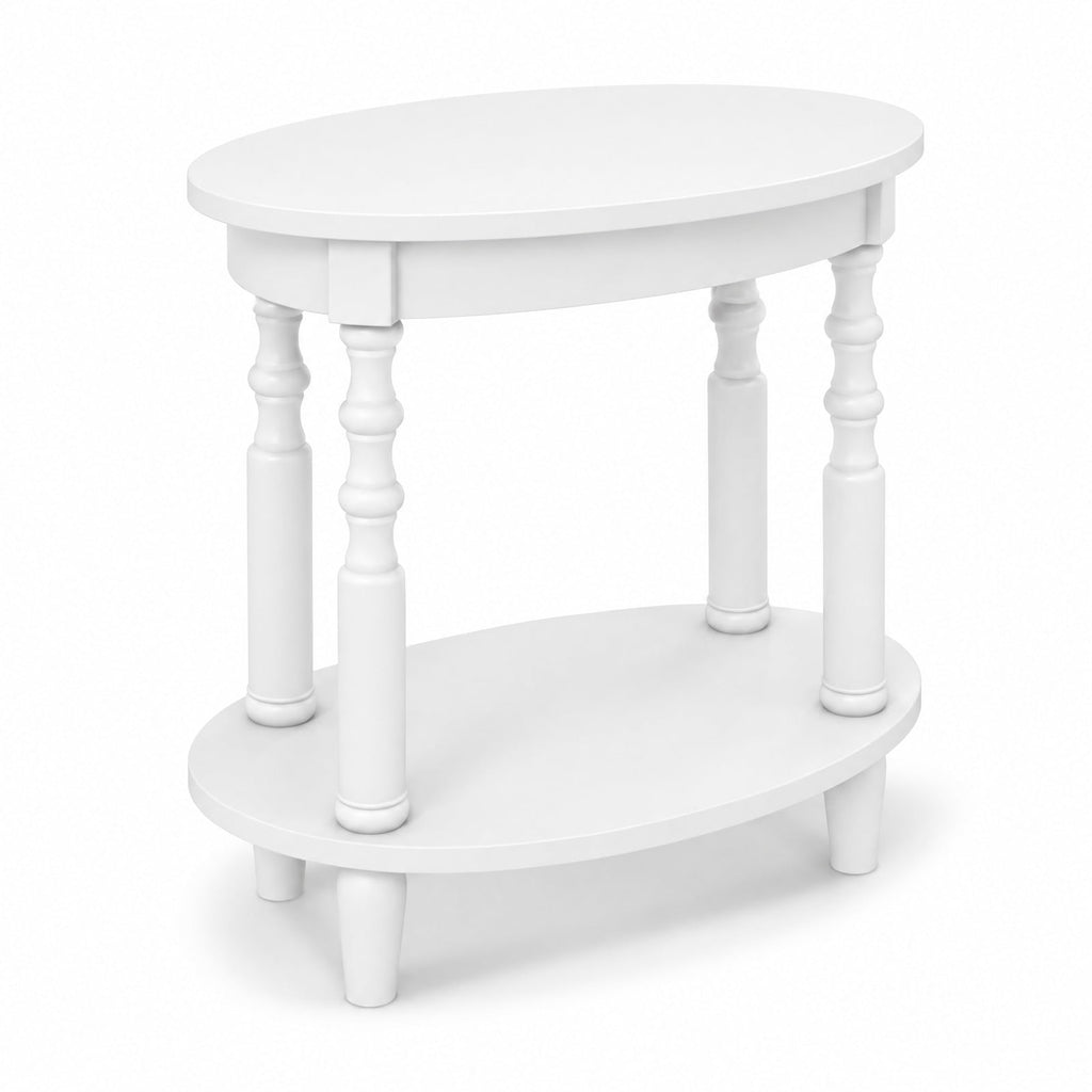 Airfind 2-Tier Oval Side Table with Storage Shelf and Solid Wood Legs, 245 lbs Capacity, MDF Rubber Wood Frame, White