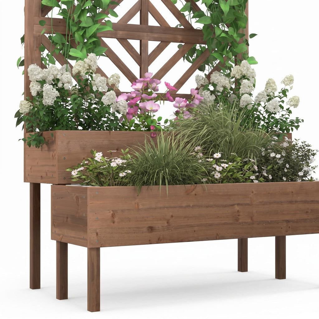 Airfind 2-Tier Raised Garden Bed with Trellis, Fir wood Frame, 43 x 24.5 x 53 (L x W x H) Interior Footprint, Brown