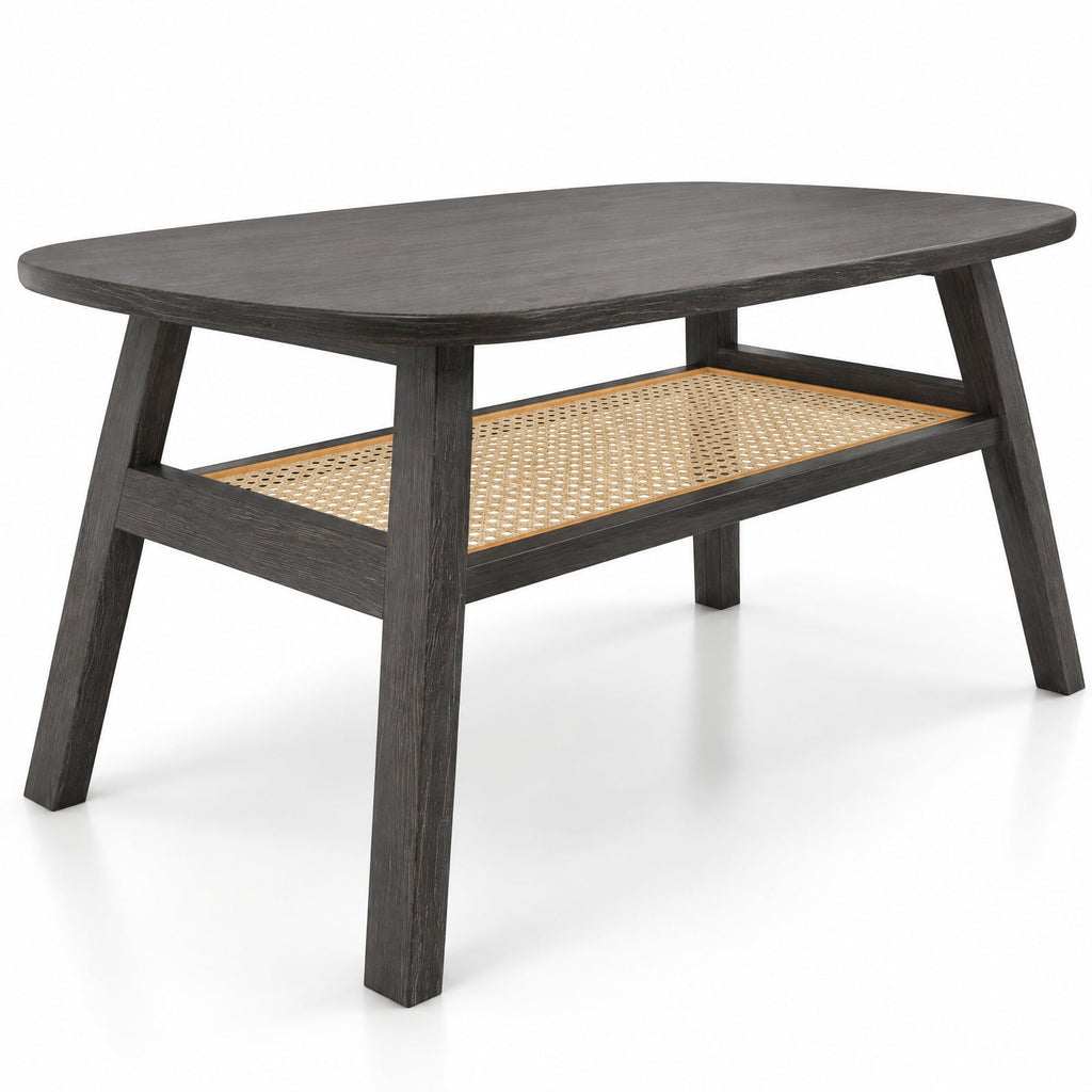 Airfind 2-Tier Rectangular Center Coffee Table with Rattan Storage Shelf and Rubber Wood Legs, 220 lbs Capacity, 39.5 x 22 x 17.5 Footprint