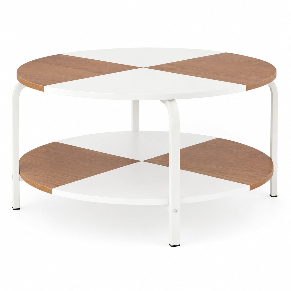 Airfind 2-Tier Round Coffee Table Metal Frame with Storage Shelf-Natural and White, 220 lbs Capacity, Engineered Wood Metal Frame, Coffee