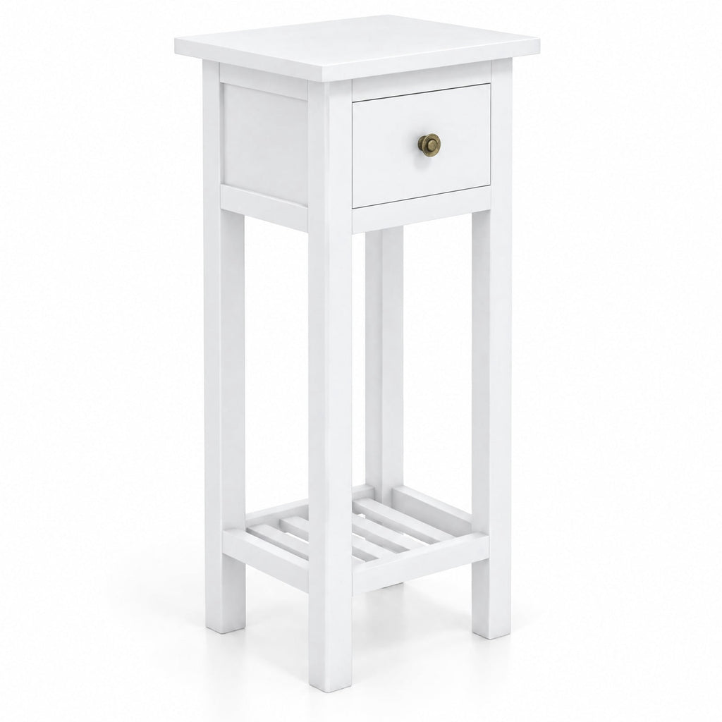 Airfind 2 Tier Slim Nightstand Bedside Table with Drawer Shelf, 155 lbs Capacity, Acacia Wood MDF Frame, 11.5 x 13.5 x 31.5 Footprint, White