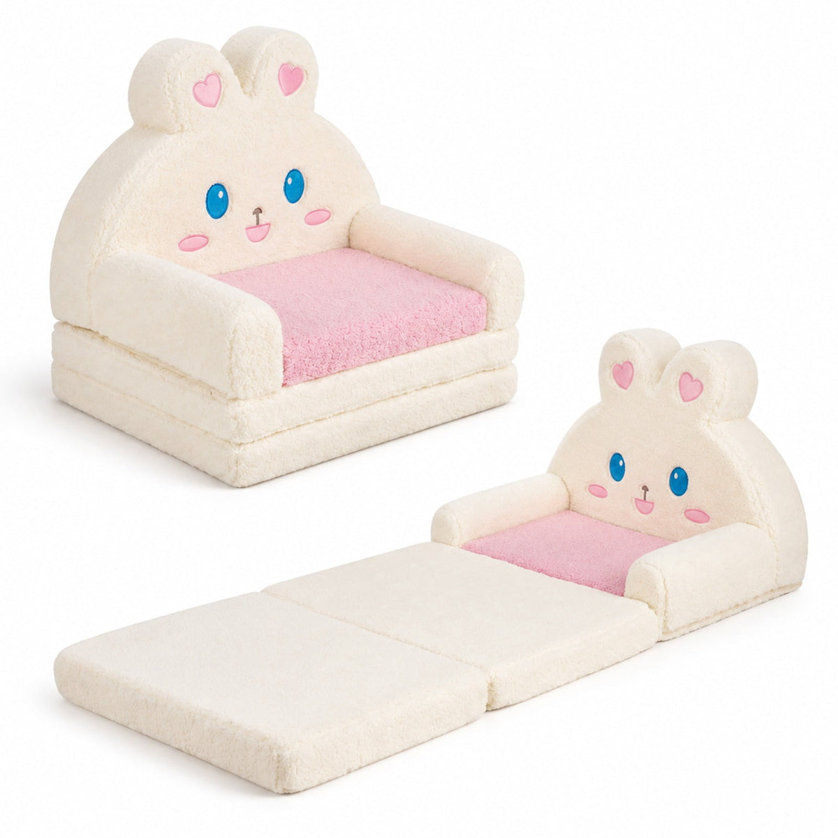 Airfind 2-in-1 Convertible Kids Sofa to Lounger with Bunny Pattern, Cotton Velvet Sponge Frame, for 18-36 Months Old, Pink