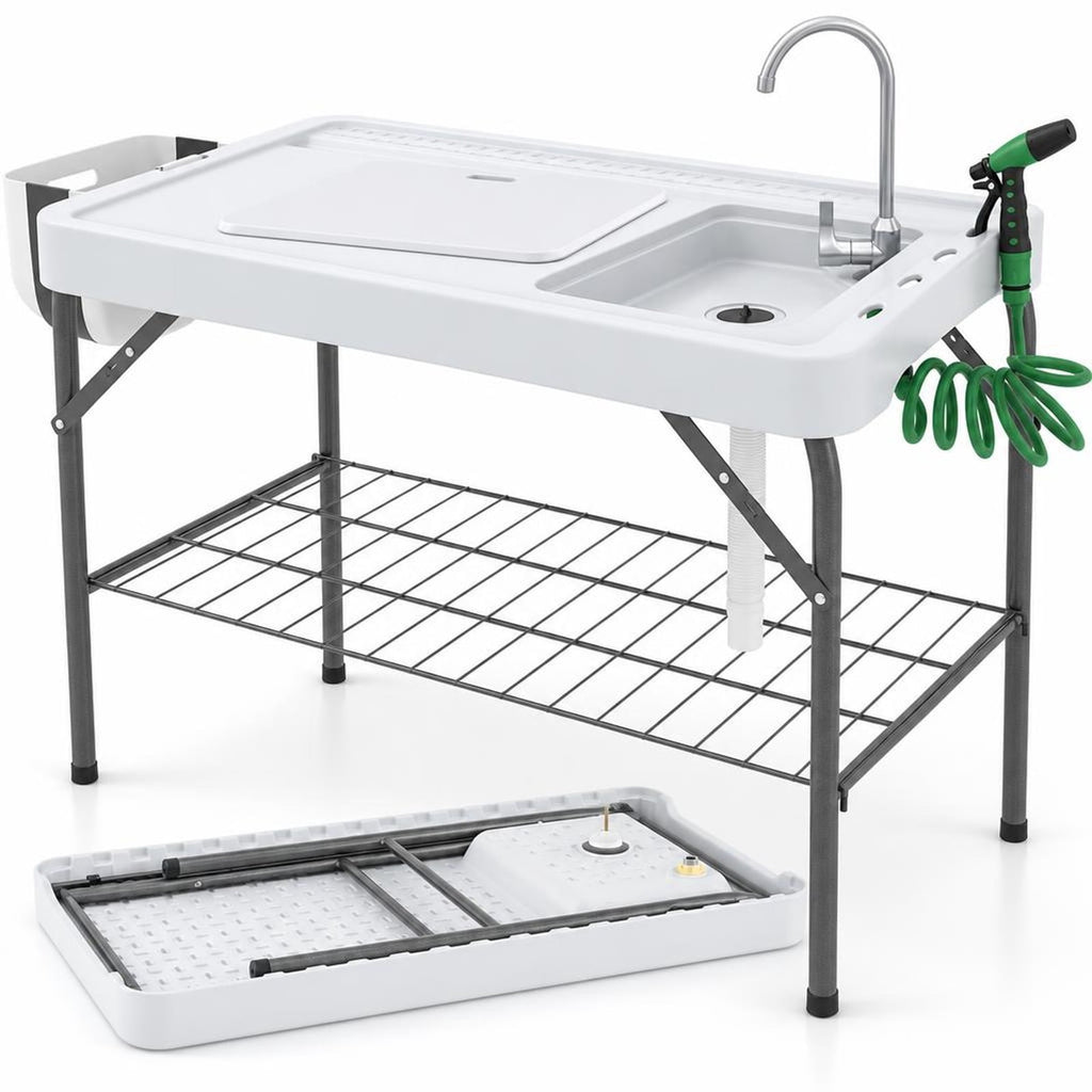 Airfind 2 in 1 Folding Fish Cleaning Table with Sink and Faucet for Patio BBQ, 330 lbs Capacity, HDPE Metal Stainless Steel Frame, White+Black