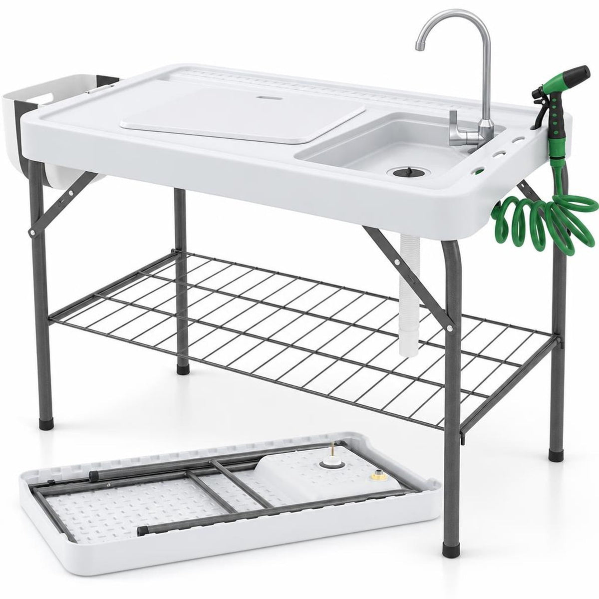 Airfind 2 in 1 Folding Fish Cleaning Table with Sink and Faucet for Patio BBQ, 330 lbs Capacity, HDPE Metal Stainless Steel Frame, White+Black