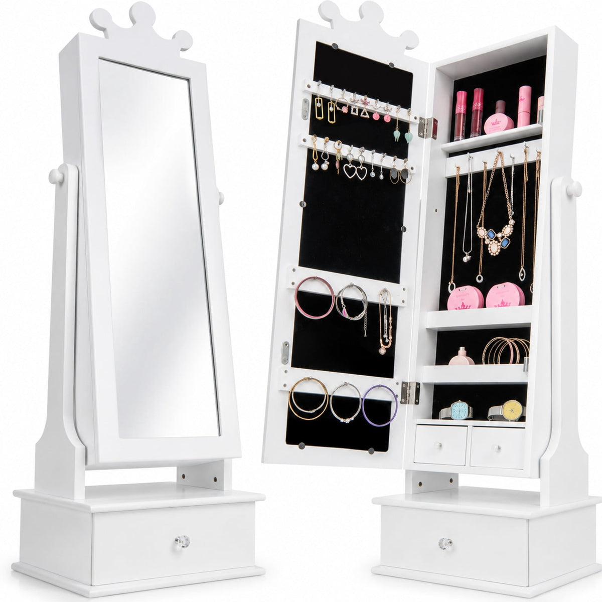 Airfind 2-in-1 Kids Play Jewelry Armoire with Full Length Mirror and Drawers, MDF Glass Frame, for 3+ Years Old, 13.5 x 12 x 40.5/44.5 Footprint