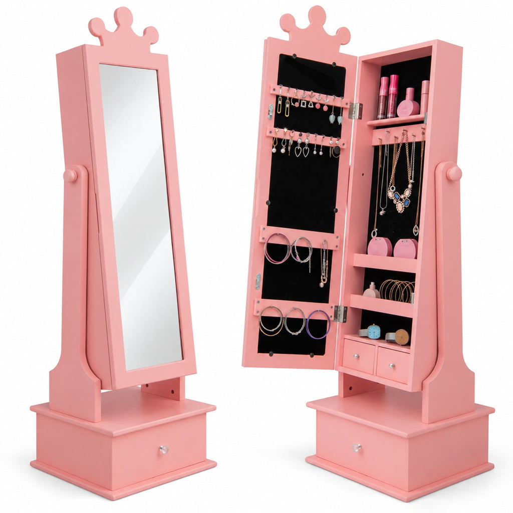 Airfind 2-in-1 Kids Play Jewelry Armoire with Full Length Mirror and Drawers, MDF Glass Frame, for 3+ Years Old, 13.5 x 12 x 40.5/44.5 Footprint