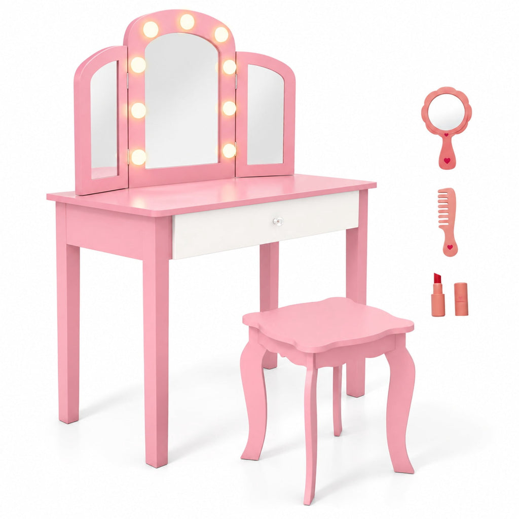 Airfind 2-in-1 Kids Vanity Table Set with Tri-Folding Detachable Mirror and Lights, 110 lbs Capacity, MDF Pine Wood Acrylic Frame, Footprint, Pink