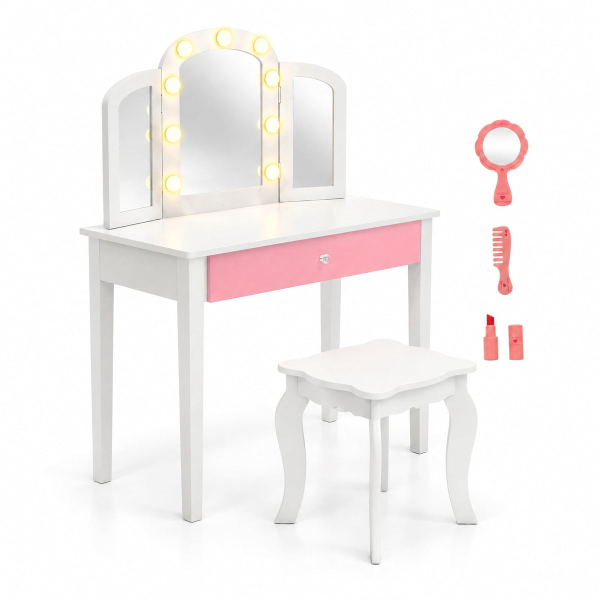 Airfind 2-in-1 Kids Vanity Table Set with Tri-Folding Detachable Mirror and Lights, 110 lbs Capacity, MDF Pine Wood Acrylic Frame, Footprint, White