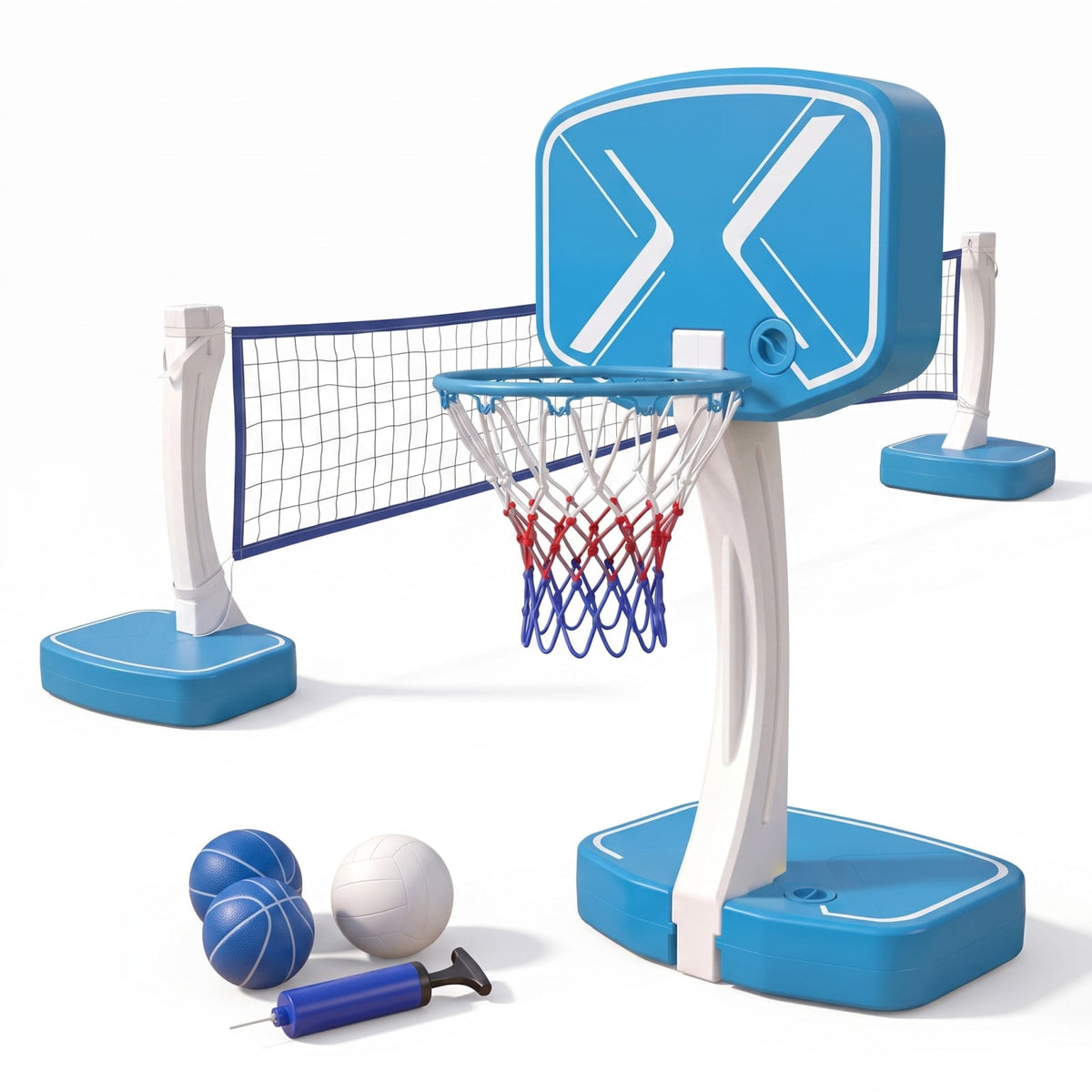 Airfind 2 in 1 Pool Basketball Hoop and Volleyball Net Set with Weighted Base for Swimming Pool Beach and Backyard Water Games, Blue