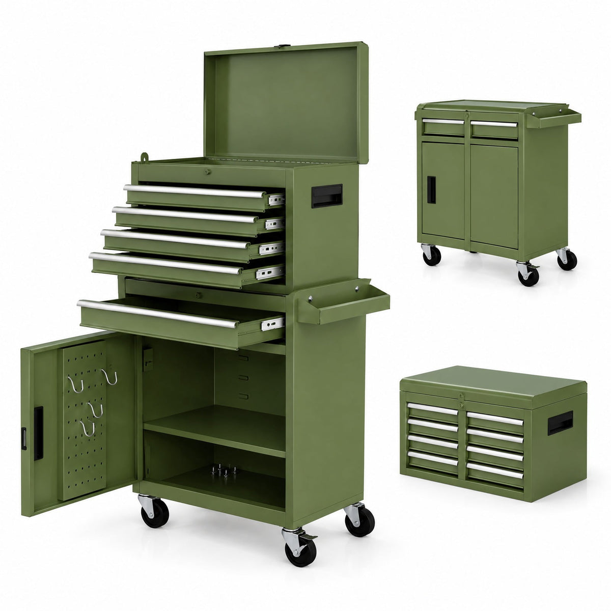 Airfind 2-in-1 Rolling Tool Chest with 5 Sliding Lockable Drawers, 220.5 lbs Capacity, Steel rubber-plastic synthetic Frame, Green