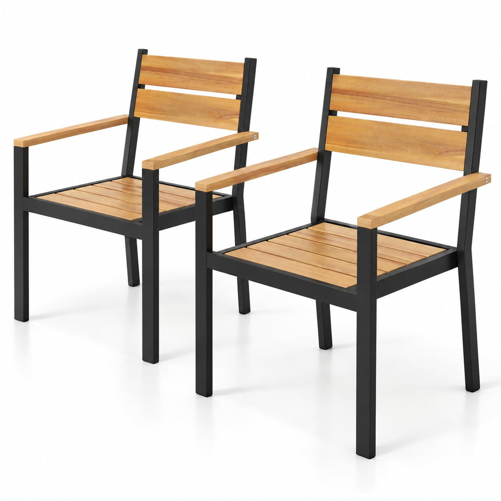 Airfind 2 piece Outside Patio Dining Chair with Acacia Armrest for Backyard Garden, 400 lbs Capacity, Acacia Metal Frame, Brown Black