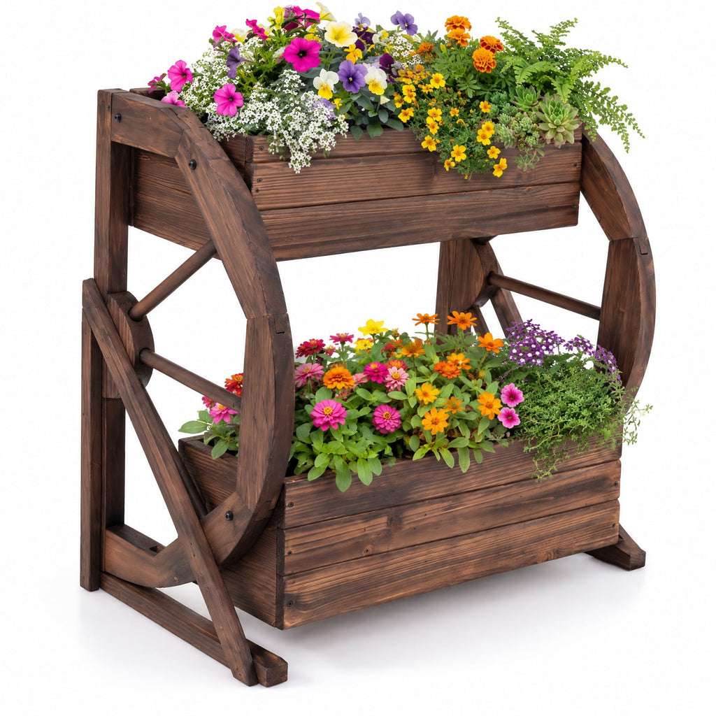 Airfind 2-tier Raised Garden Bed Rustic Wood Wagon Planter with Drainage Holes and Semi-wheels, 22 lbs Capacity, Fir Wood Frame, Coffee