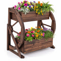 Airfind 2-tier Raised Garden Bed Rustic Wood Wagon Planter with Drainage Holes and Semi-wheels, 22 lbs Capacity, Fir Wood Frame, Coffee