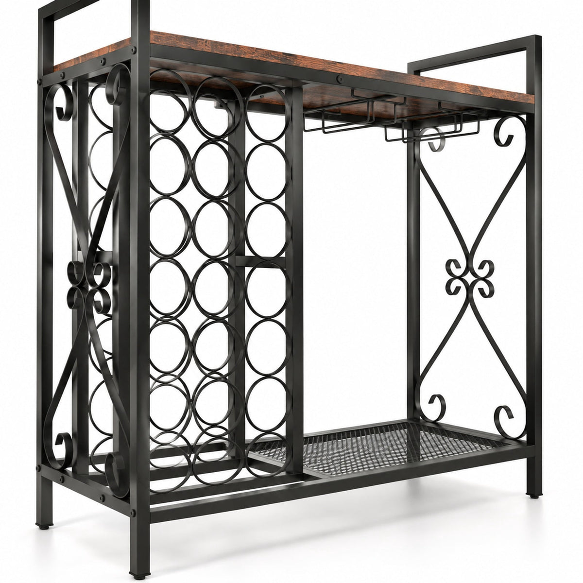 Airfind 21 Bottle Wine Rack Freestanding Floor Wine Bottle Organizer with Glass Holder, 44 lbs Capacity, Metal Engineered Wood Frame, Brown